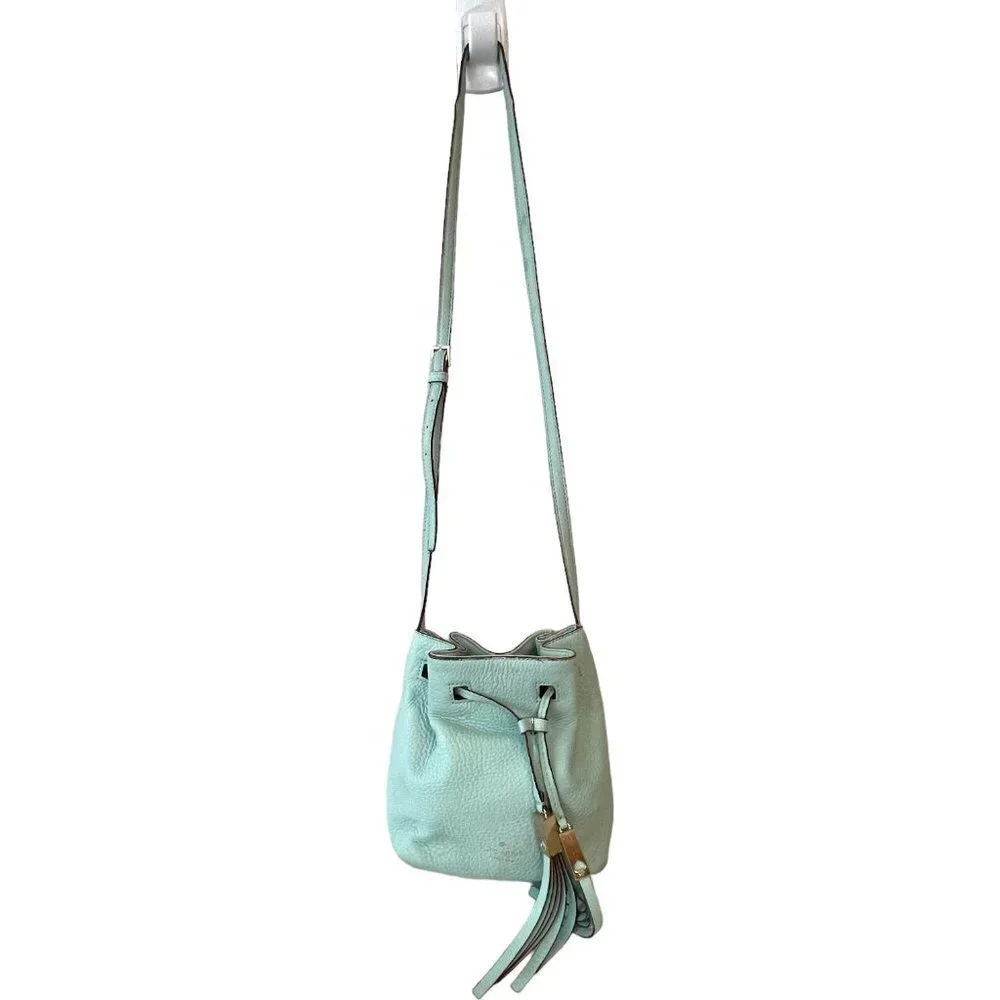 Kate Spade Copper Drawstring Bucket Bag Small Crossbody Strap Lined Light Blue